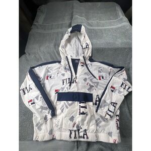 Fila All Over Logo Windbreaker Anorak Jacket White Navy Red XL